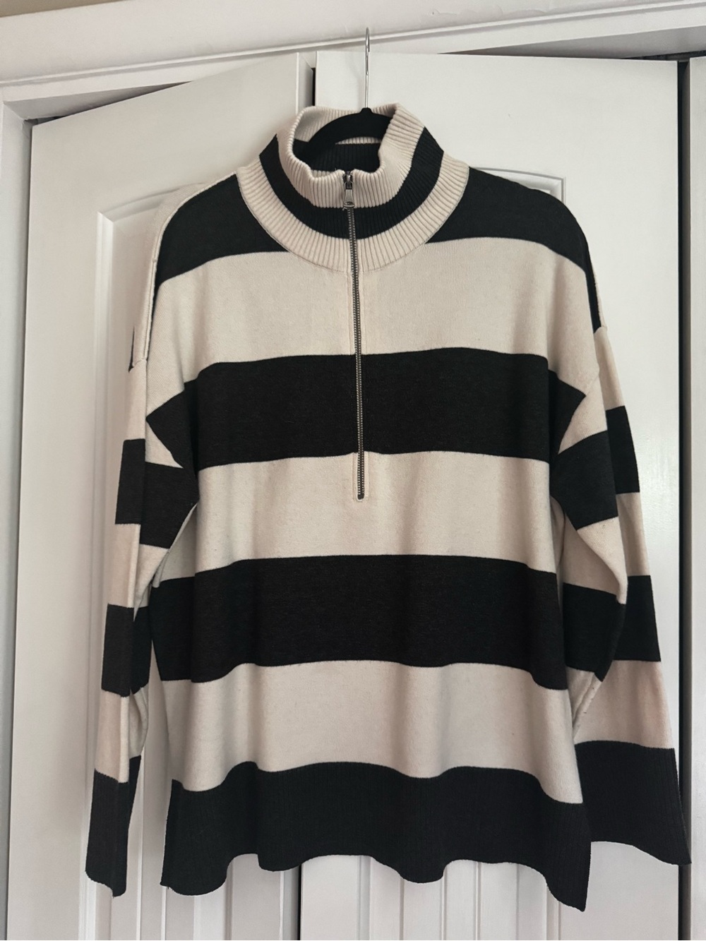 Blu Pepper Black and Cream Striped Half-Zip Sweater